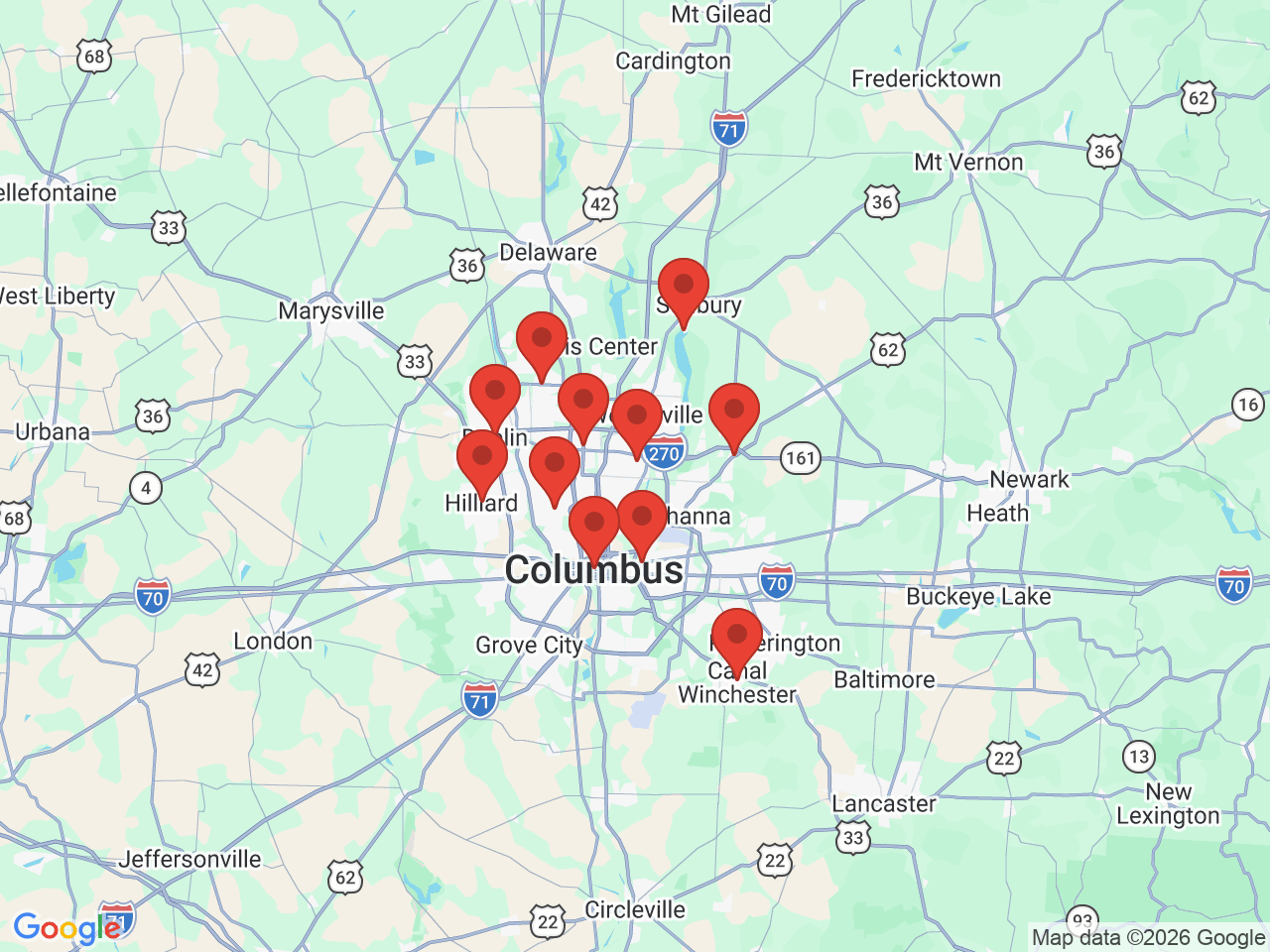 Map of service areas around Westerville, OH